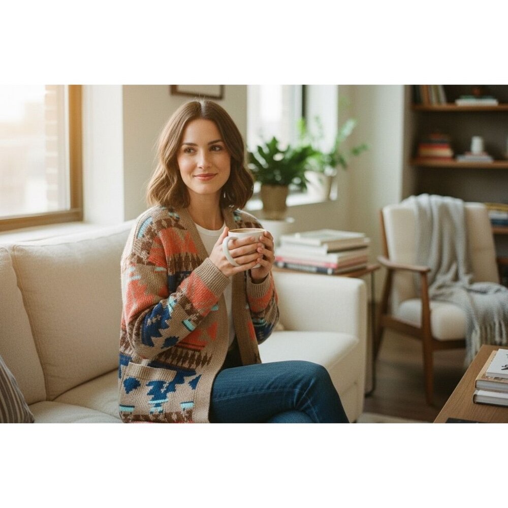 Lucky Brand Women Aztec Open Front Cardigan Sweater Pockets Beige/Orange/Blue M